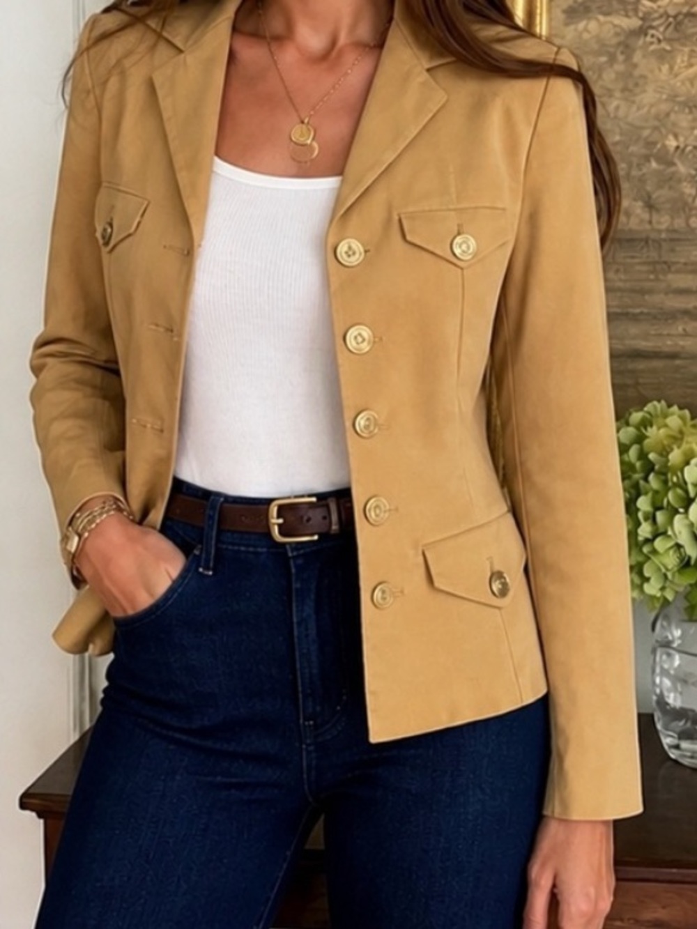 Camel Blazer Jacket Preppy Quiet Luxury Office Chic S Equestrian Minimalist